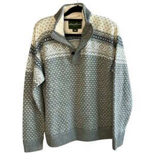 Eddie Bauer Men's Gray Fair Isle Chunky Knit Sherpa Lined Henley Sweater Size L